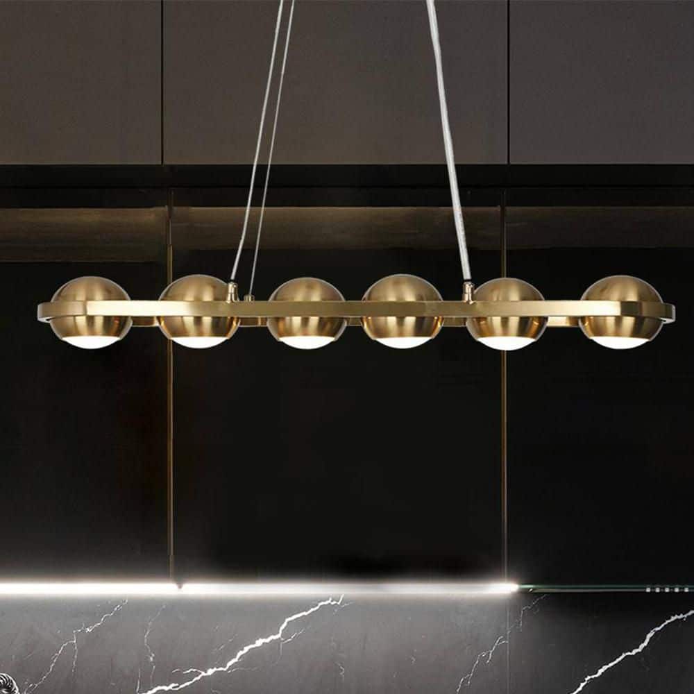 Zevni Mid-Century 29.5 in. 6-Light Brass Gold Island Chandelier, Modern Integrated LED Pendant Light for Dining Room, Kitchen