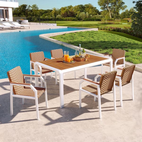 Sudzendf 7-Piece Wicker Patio Outdoor Dining Table Set, Brown Weave (Set of 6) Rattan Chairs and Acacia Wood Tabletop