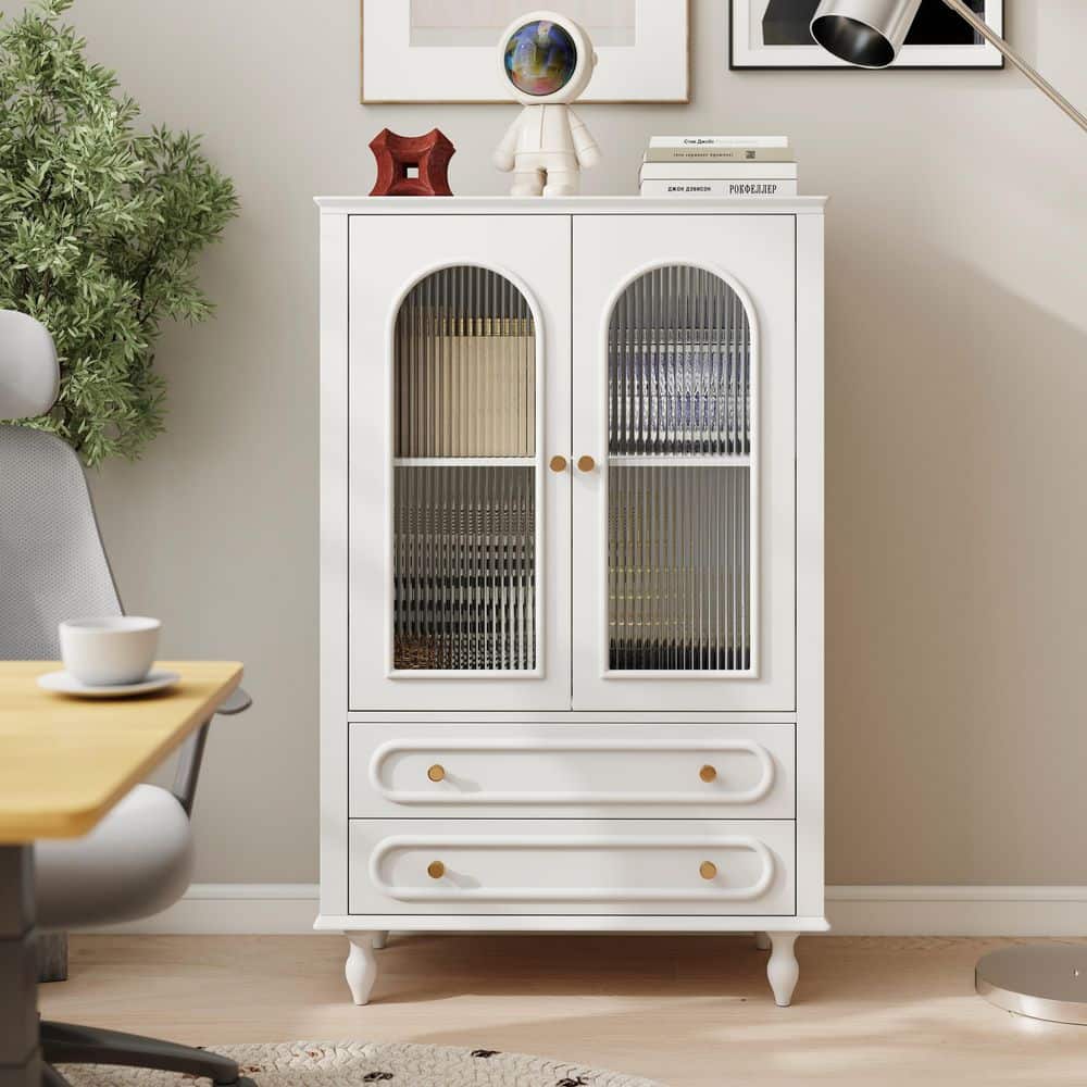 46.5 in. H White Glass Display Cabinet with Ribbed Doors and Adjustable Shelf, Wooden Curio Cabinet