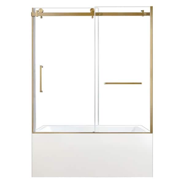 59.8 in. x 31 in. Acrylic Rectangular Alcove Soaking Bathtub with Right Drain in White/Brushed Brass