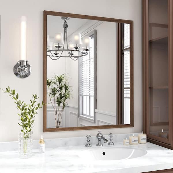 Walnut 28 in. W x 36 in. H Rectangle Farmhouse Wall Mounted Framed Mirror, Anti-Rust Bathroom Vanity Mirrors