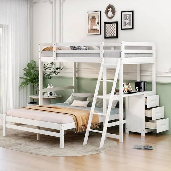 Qualler White Twin over Full Bunk Bed with Built-in Desk and 3 Drawers
