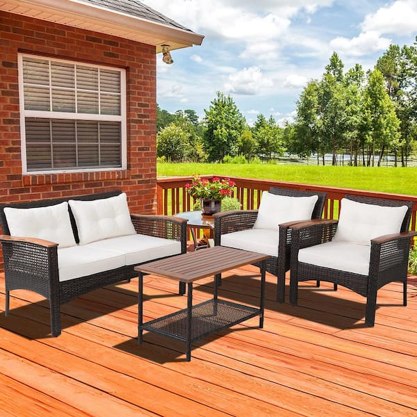4PCS Rattan Patio Furniture Set Acacia Wood Outdoor Conversation Set w/Cushions