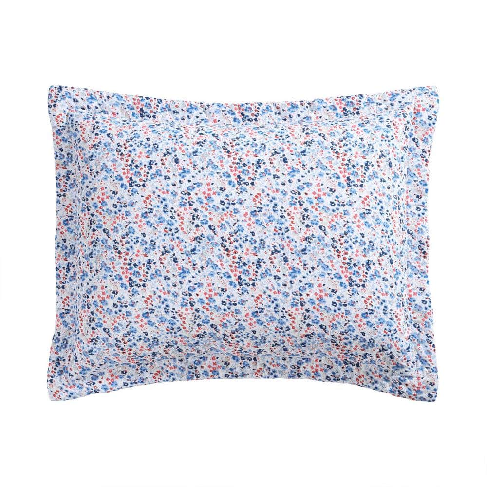 Leona Flower Blue and Red Cotton Twin Reversible Quilt Set