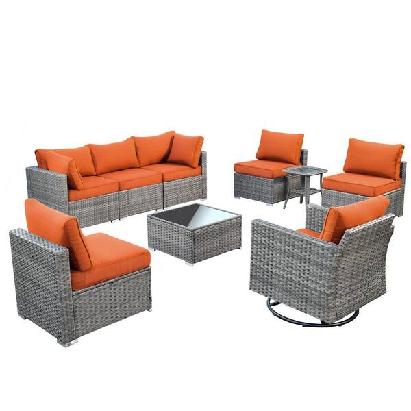 Sanibel Gray 9-Piece Wicker Outdoor Patio Conversation Sofa Set with a Swivel Rocking Chair and Orange Red Cushions