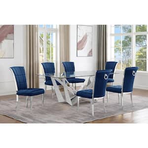 Rae 7-Piece Rectangular Glass Top Stainless Steel Base Dining Set With 6 Navy Blue Velvet Chrome Iron Legs Chairs