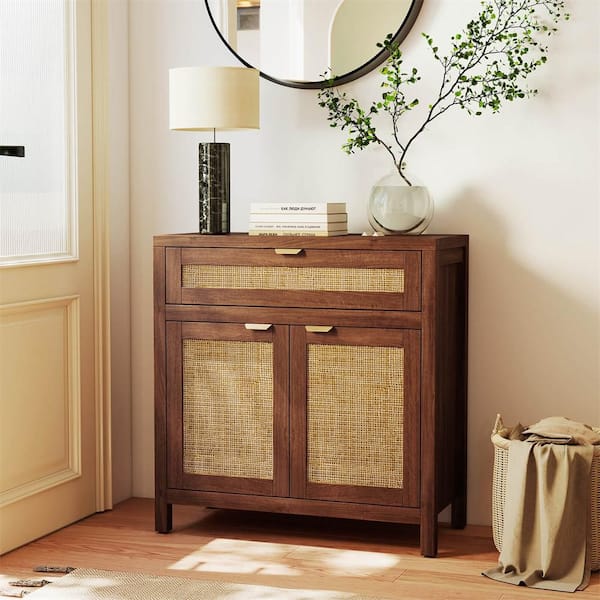 1 PCS Brown Particle Board Buffet Cabinet with Storage, Rattan Doors, Drawer, Adjustable Shelf