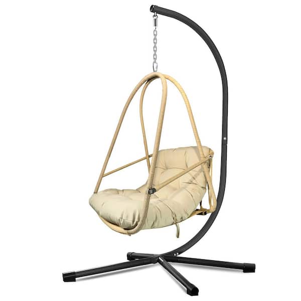 Sudzendf Metal Patio Swing Egg Chair with Beige Cushion, Pillow, Cup Holder and C Type Bracket