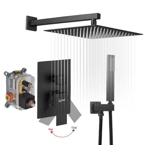 BWE 10 in. Showerhead Single-Handle 2-Spray Square 2.5 GPM High Pressure Shower Faucet in Matte Black Valve Included