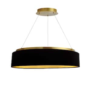 Circulo 1-Light Dimmable Integrated LED Aged Brass Shaded Chandelier with Black/Gold Fabric Shade