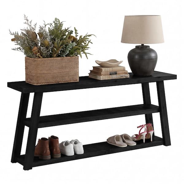 25.59 in. H x 62.99 in. W Black Solid Wood Shoe Storage Bench, 3-Tier Long Farmhouse Shoe Rack