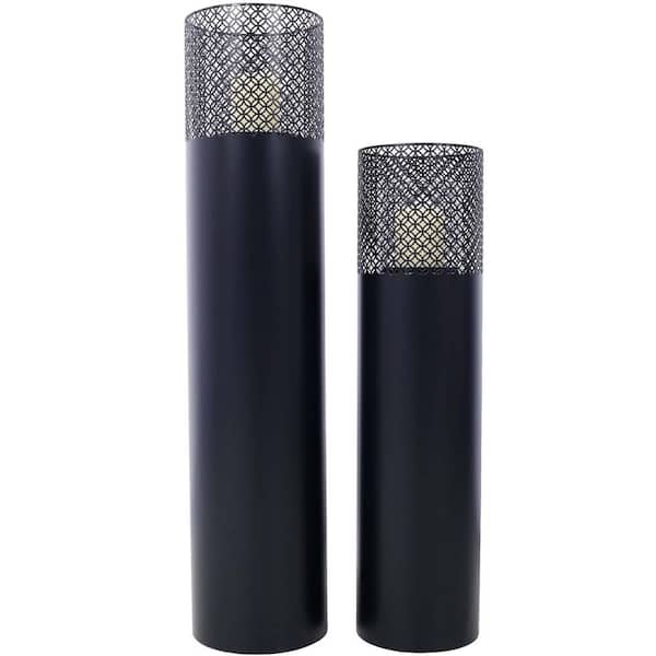 Black Steel Garden Industrial Decorative Candle Lantern Column for Outdoor/Indoor, Including Candles (Set of 2)