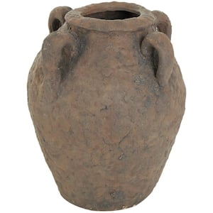 12 in. Dark Brown Handmade Textured Ceramic Decorative Vase with Four Handles