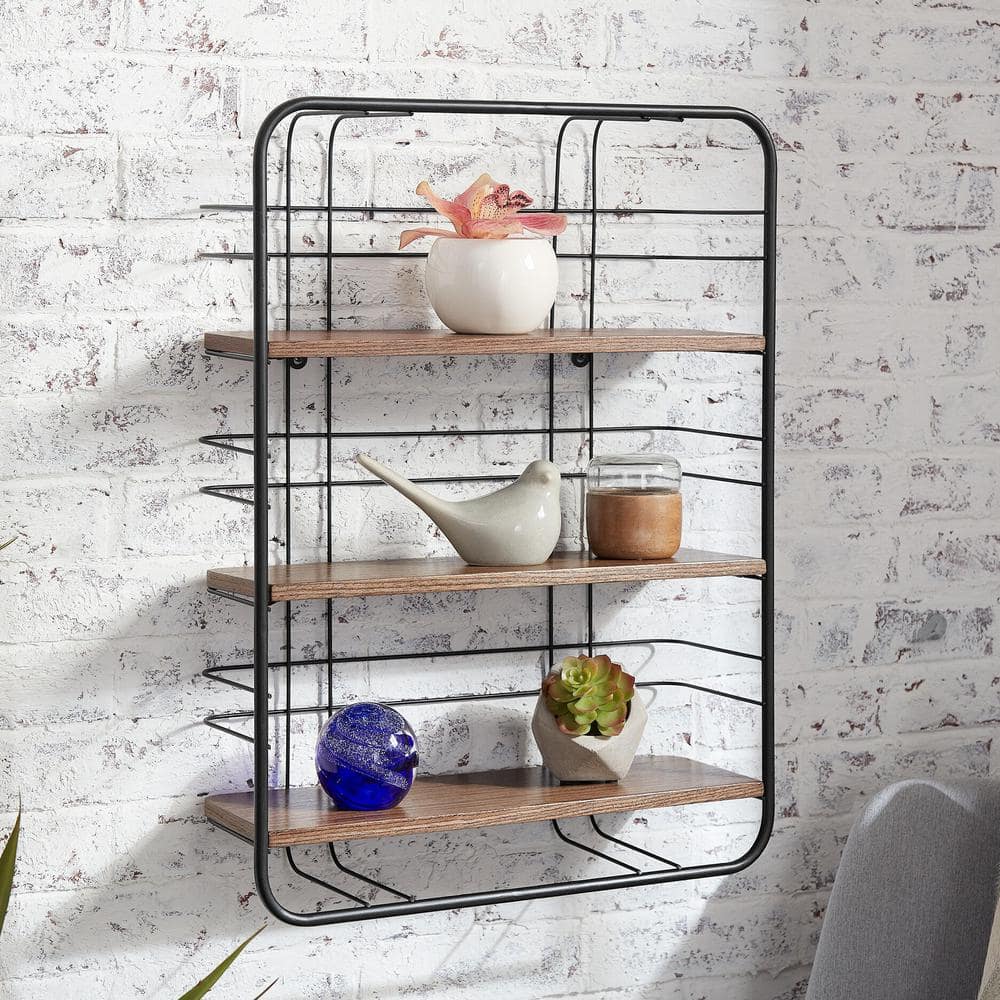 StyleWell 24 in. H x 18 in. W x 6 in. D Wood and Black Metal Wire Wall ...