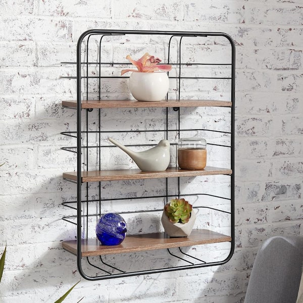 StyleWell 24 in. H x 18 in. W x 6 in. D Wood and Black Metal Wire Wall-Mount Shelf