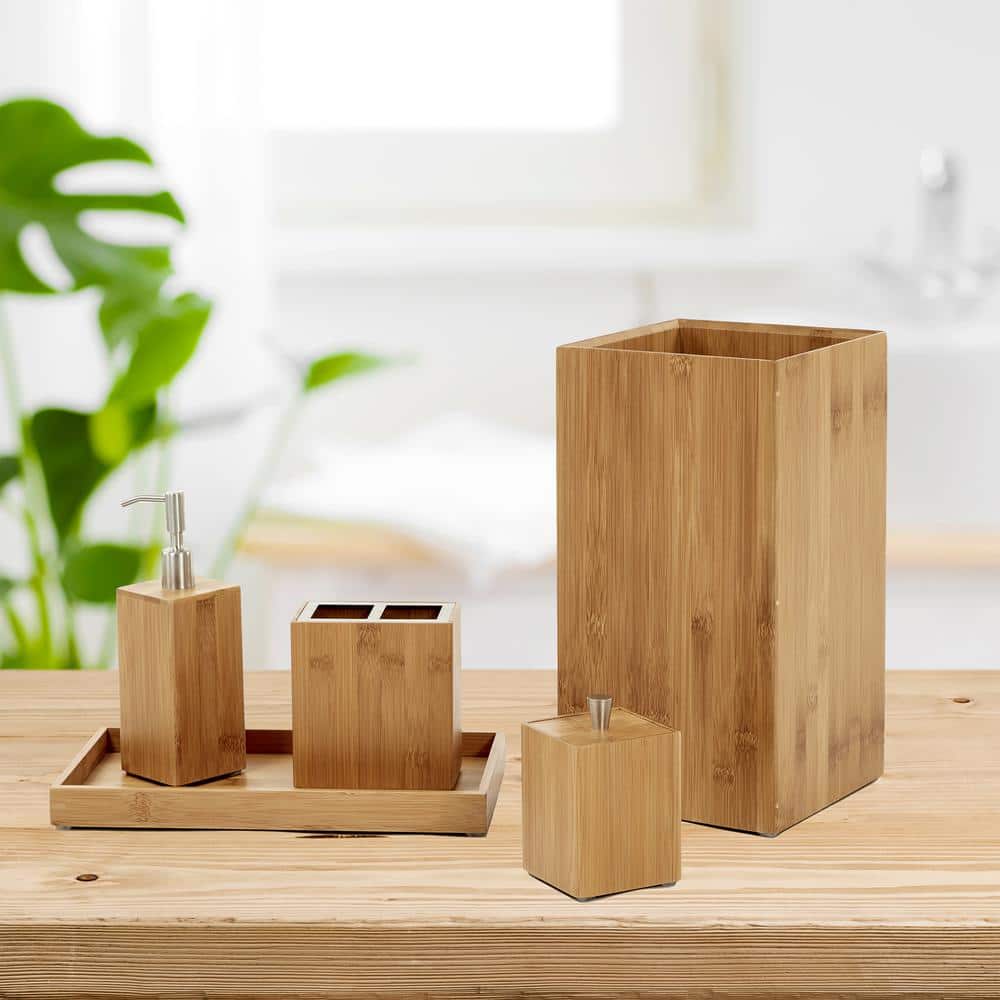 Rustic Bamboo and Stainless Steel 5-Piece Bathroom Set