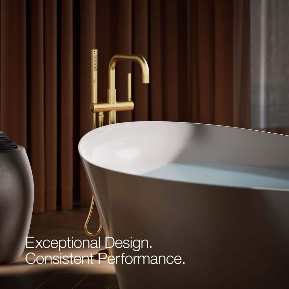 Vibrant Brushed Brass Floor-Mount Bath Filler with Handshower
