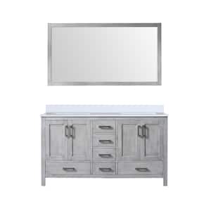 Jacques 60 in. W x 22 in. D Distressed Grey Double Bath Vanity, White Quartz Top, and 58 in. Mirror