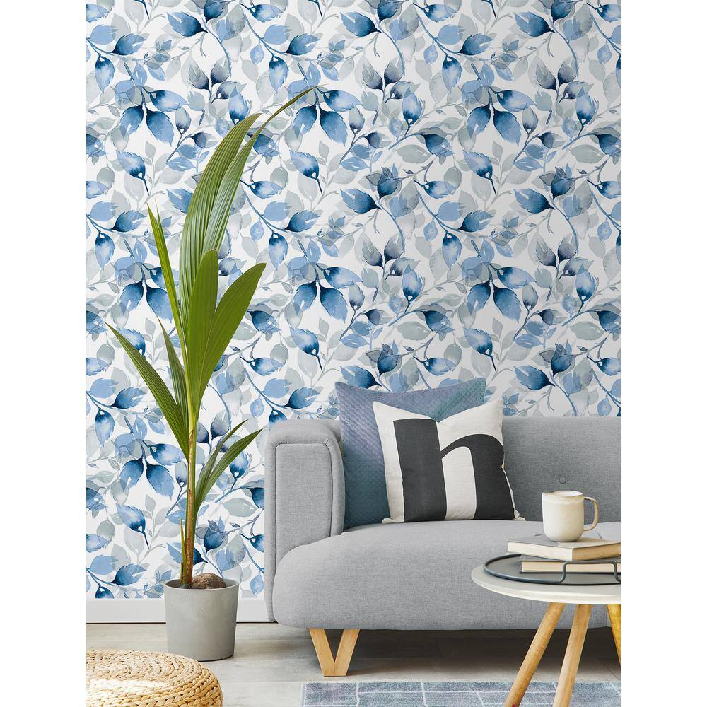 Blue Lagoon Watercolor Tossed Leaves Peel and Stick Vinyl Wallpaper