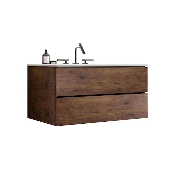 36 in. W Single Sink Floating Walnut Bath Vanity with White Ceramic Top