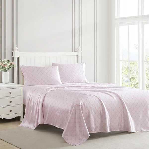 Bow Ribbon 4-Piece Pink Sateen Cotton Queen Sheet Set