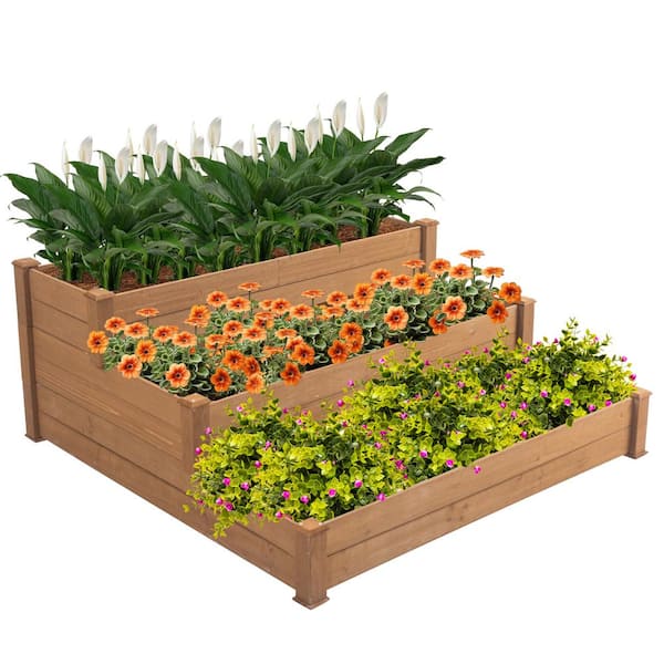 WELLFOR 48.6 in. x 48.6 in. x 21 in. Brown Solid Wood Raised Planter Boxes Tiered Garden Bed (1-Pack)