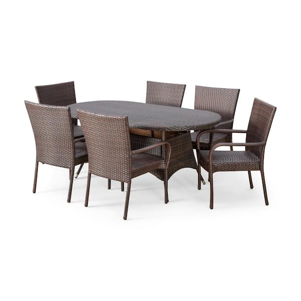 Noble House Blakely Multi-Brown 7-Piece Faux Rattan Outdoor Dining