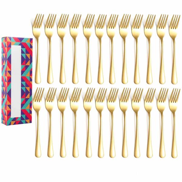 24 Piece Gold and Silver Flatware Set with 8 Inch Forks and Spoons Mirror Polished Stainless Steel