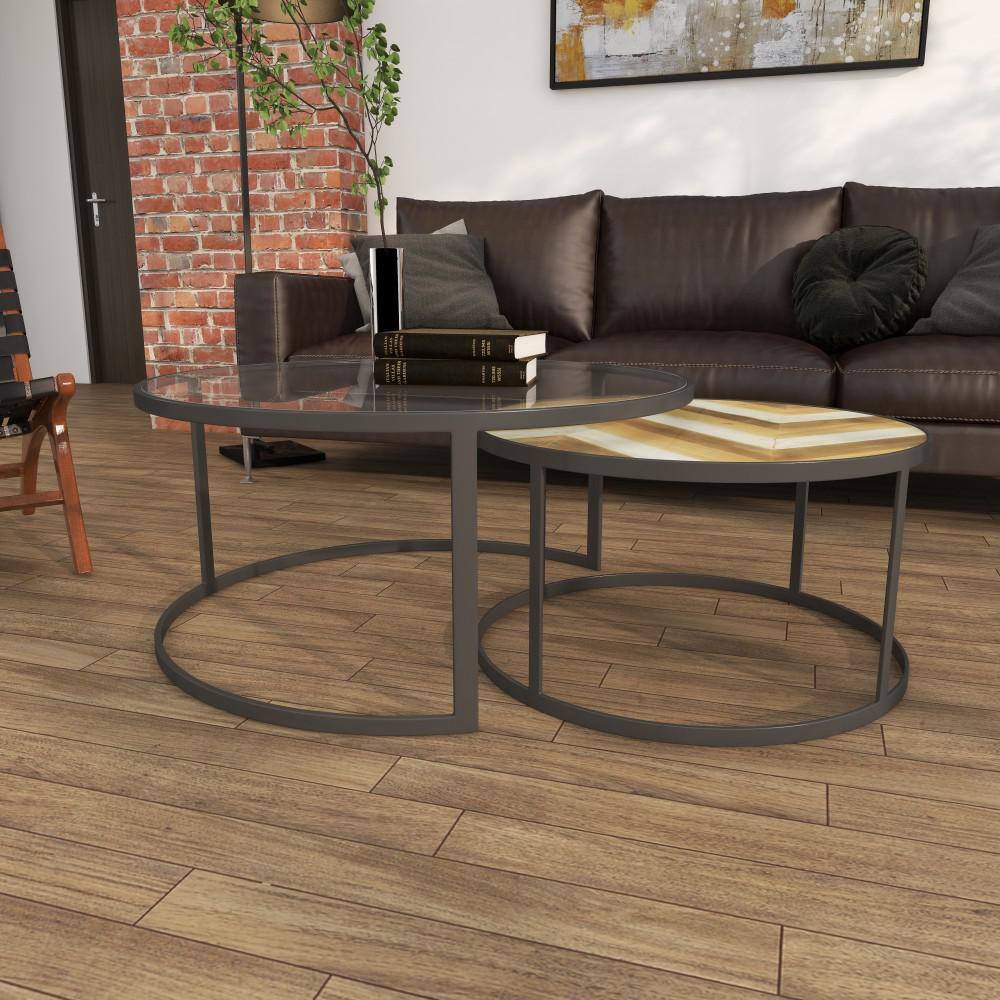 Gray and Brown Round Wood and Glass Nesting Coffee Tables