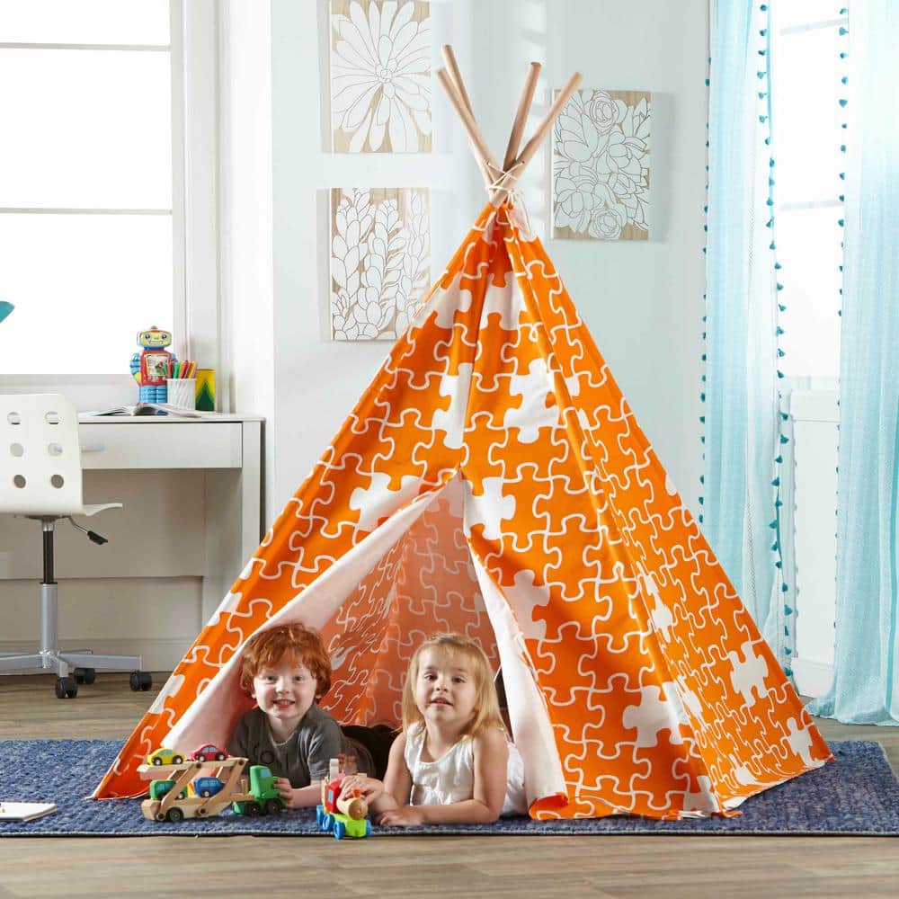 Orange and White Cotton Canvas Children's Indoor Teepee