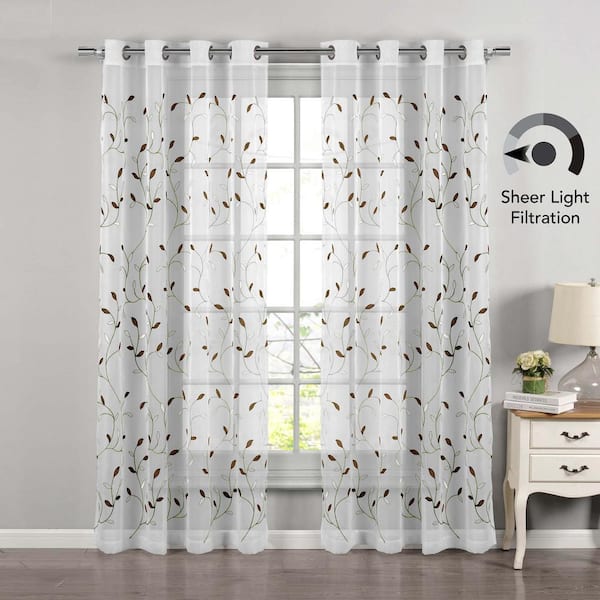 Creative Home Ideas Wavy Leaves Sage Green Polyester Faux Linen 54 In W X 63 L Embroidered Grommet Sheer Curtain Single Panel Ymc021775 The