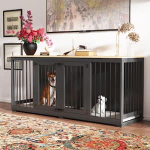 Large Dog Crate Furniture for 2-Dogs, 71 in. Heavy-Duty Wooden Dog Kennel with Divider for Large Medium Dogs, Black