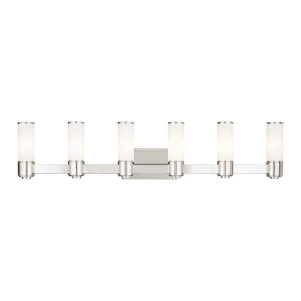 Timbercreek 46 in. Width 6-Light Polished Nickel ADA Vanity Light with Satin Opal White Glass Shades