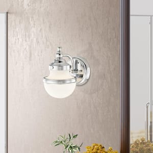 Bellhurst 5.5 in. Width 1-Light Polished Chrome Sconce with Satin Opal White Glass