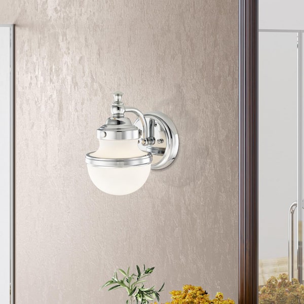 AVIANCE LIGHTING Bellhurst 5.5 in. Width 1-Light Polished Chrome Sconce with Satin Opal White Glass