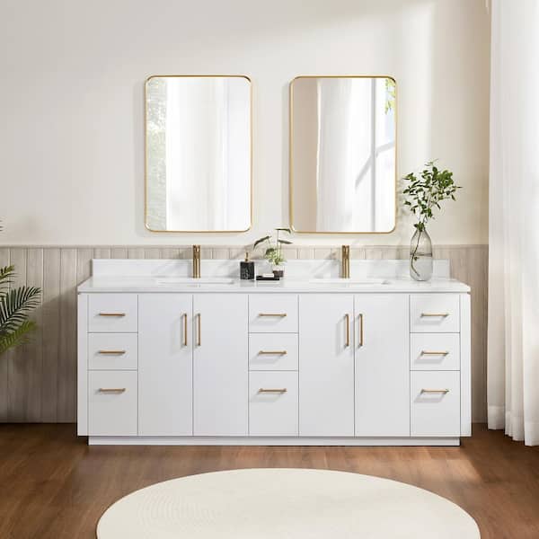 ROSWELL San 84 in. W x 22 in. D x 33.8 in. H Double Bath Vanity in White with White Grain Composite Stone Top