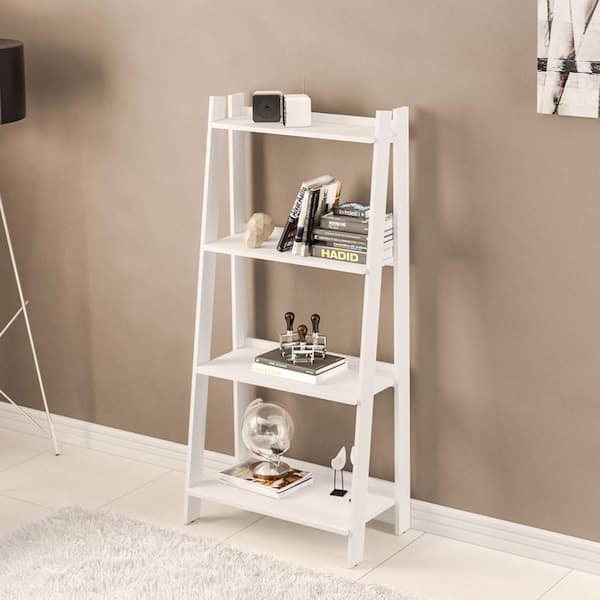 Polifurniture 53.14 in. White Wood 4-shelf Ladder Bookcase with Open Back