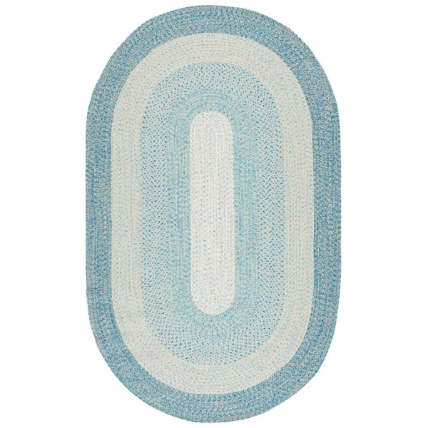Braided Blue/Aqua 5 ft. x 8 ft. Machine Washable Solid Striped Border Oval Area Rug