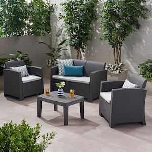 4-piece wicker outdoor patio conversation chat set furniture with coffee table light grey waterproof cushions