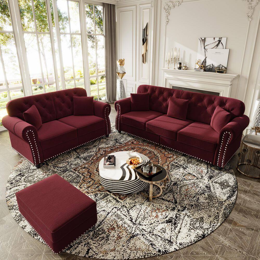 Camdany 5-Seater Velvet Sofa Set with Tufted Back, Nailhead Trim and Ottoman in Burgundy price history on PriceWatchPro