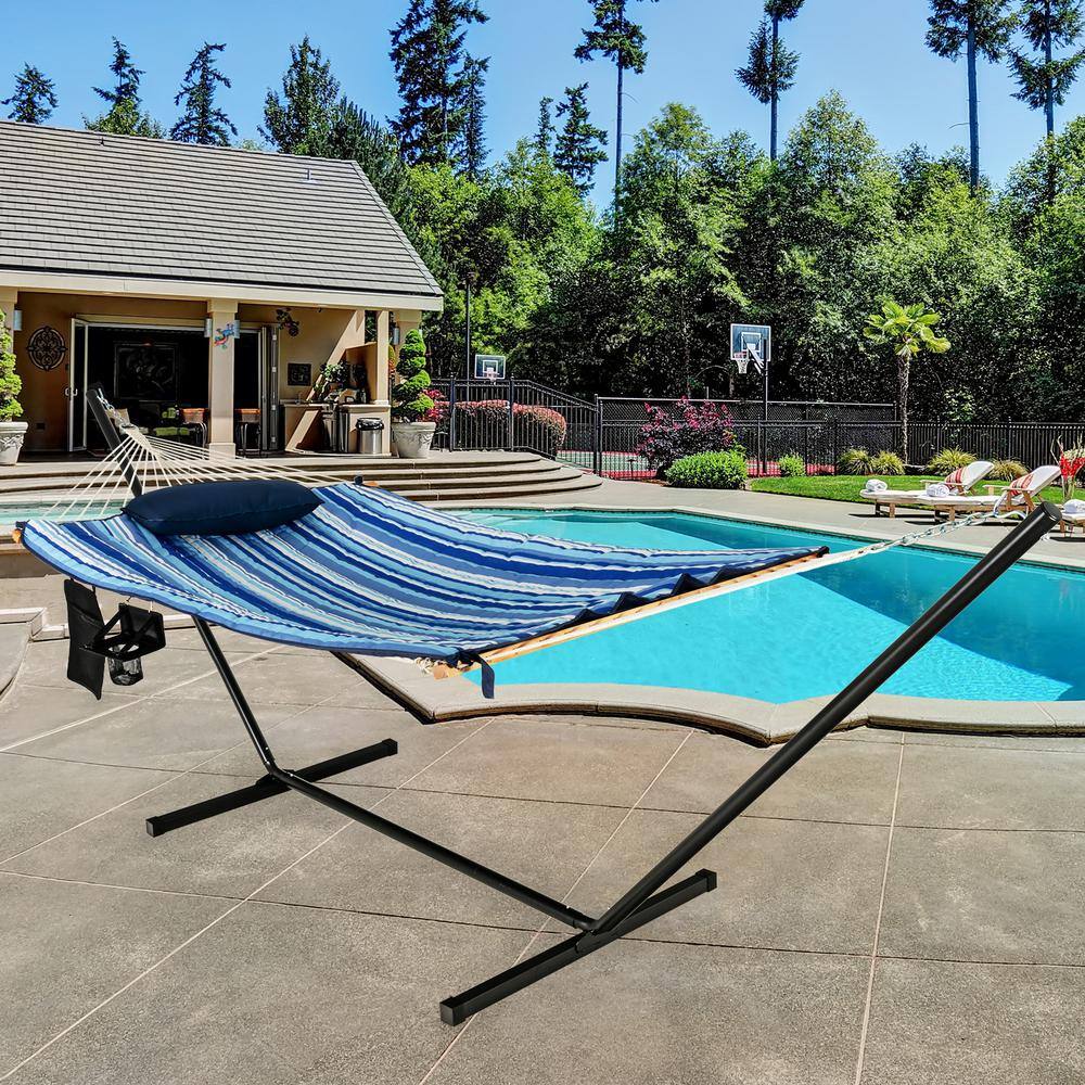 Blue Striped Cotton Hammock Chair Stand Set with Pillow and Cup Holder