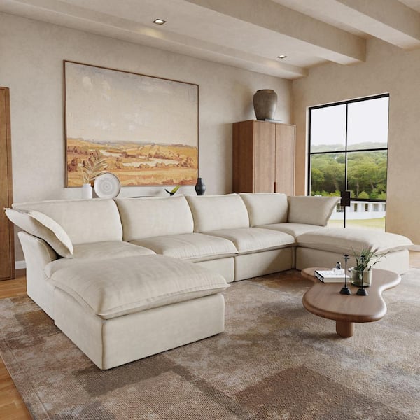 162.61 in. W Flared Arm Linen Modular 6-Piece Down-Filled Free Combination Sectional Sofa with Ottoman in Beige