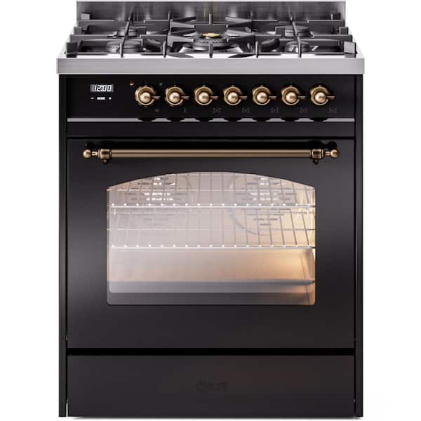 Nostalgie II 30 in. 5 Burner Freestanding Dual Fuel Liquid Propane Range in Glossy Black with Bronze Trim