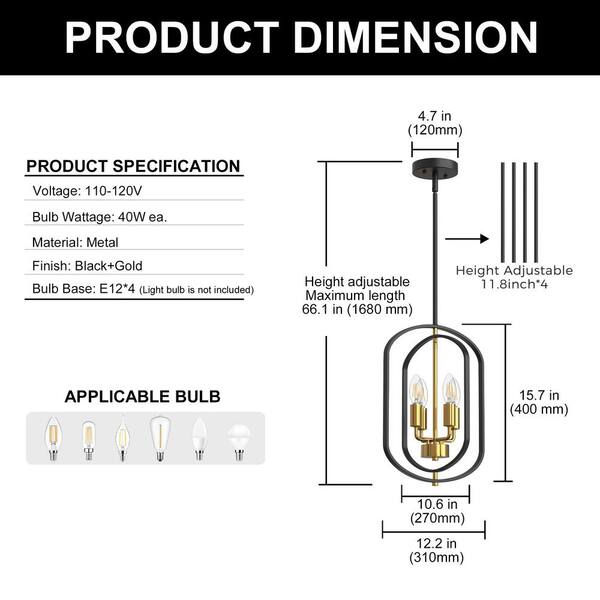 YANSUN 4-Light Black Gold Farmhouse Chandelier, Adjustable