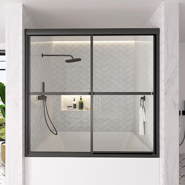 Sylanor Astral 59.5 in. W x 56.75 in. H Framed Sliding Tub Door in Matte Black with 1/8 in. Clear Tempered Glass