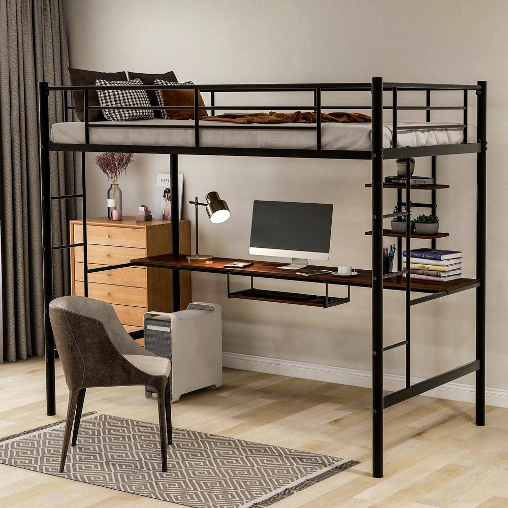 GOJANE Black Twin Loft Bed with Desk and Shelf, Space Saving Design ...