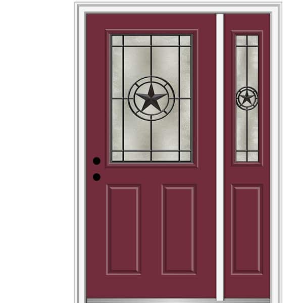 MMI Door Elegant Star 53 in. x 81.75 in. 1/2 Lite Decorative Glass Burgundy Painted Fiberglass Prehung Front Door