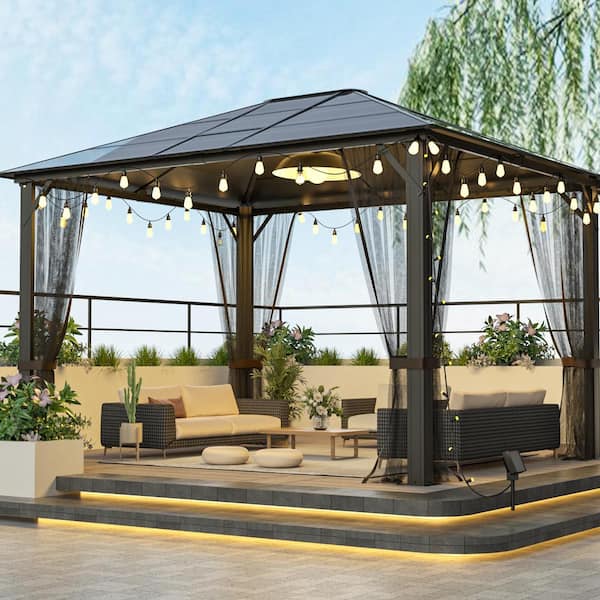 Mondawe 12 ft. x 10 ft. Outdoor Black Galvanized Steel Hardtop Gazebo with Mosquito Netting