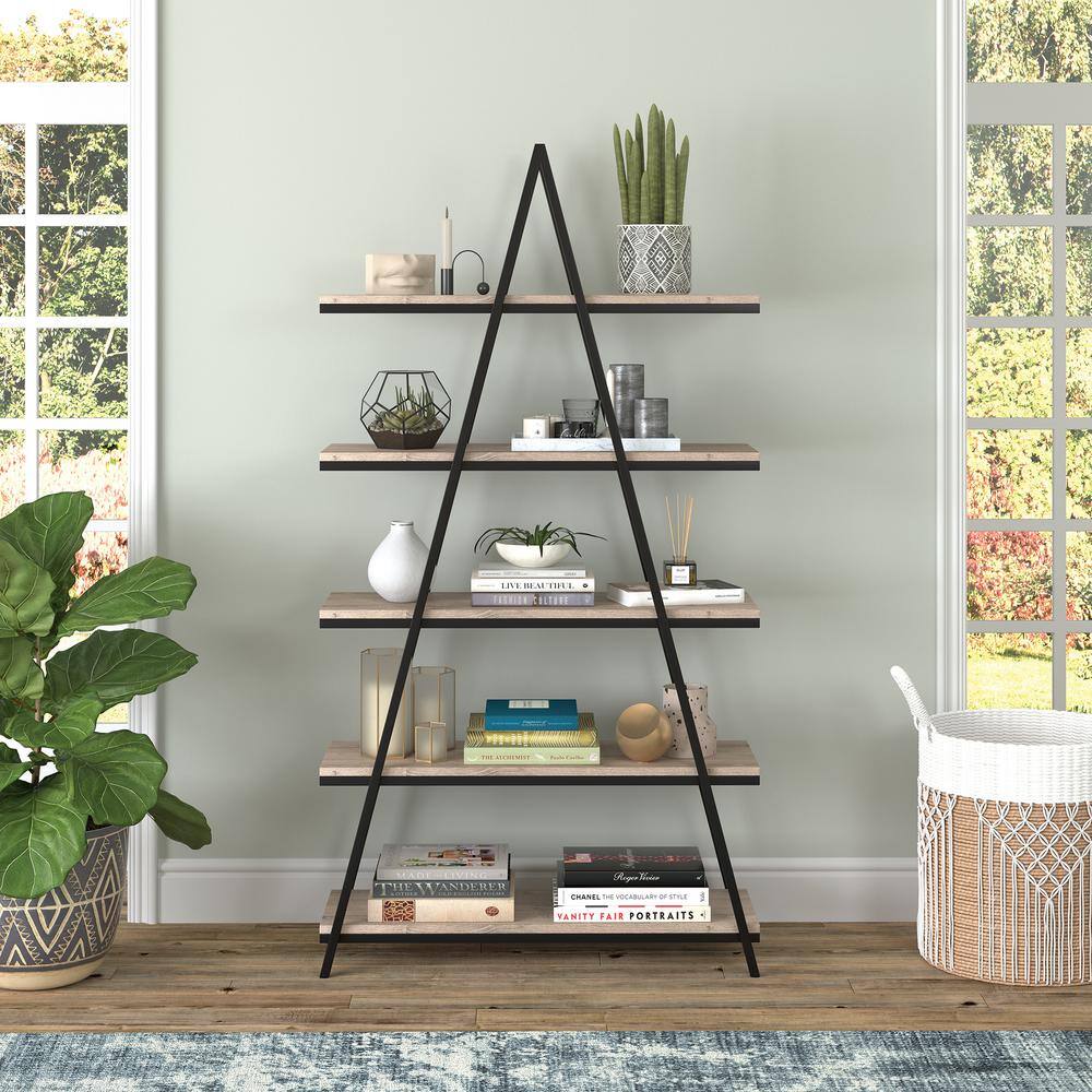 Conry 68'' Tall A-Frame Ladder Bookcase in Blackened Bronze/Antiqued Gray Oak