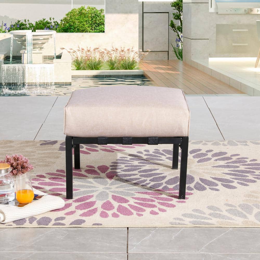 Festival Depot Outdoor Ottoman Patio Footstool With Cushion Small Seat Metal Furniture For Garden Yard Deck Beige